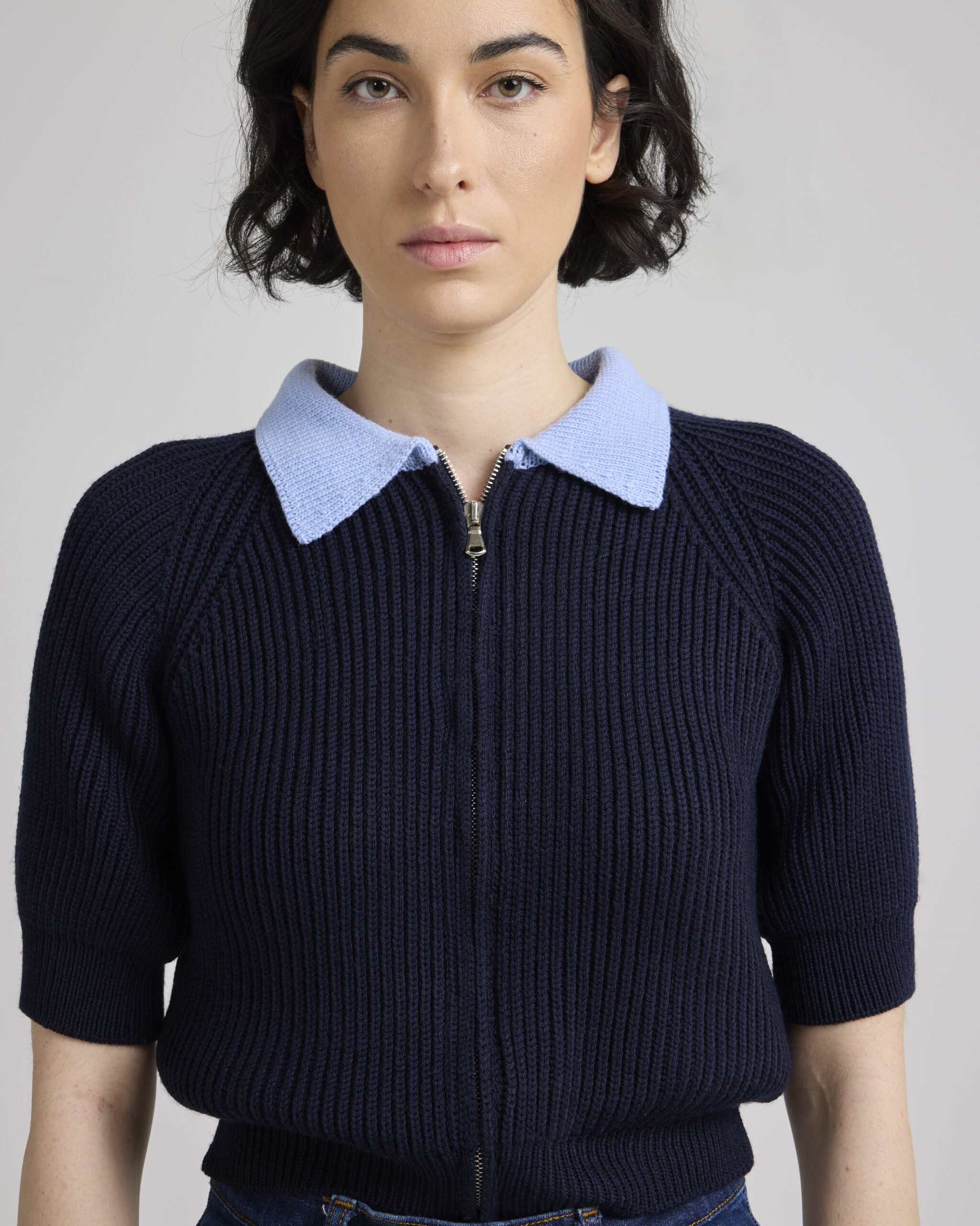 Baby Blue Navy Zip Collar Cardigan – Short Sleeves (Copy)