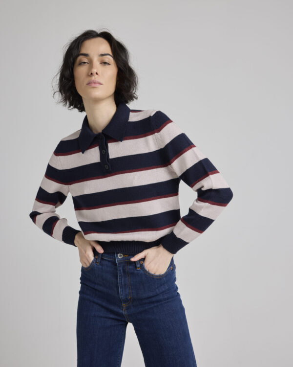 Bordeaux Pink Striped Polo Shirt - Long Sleeves