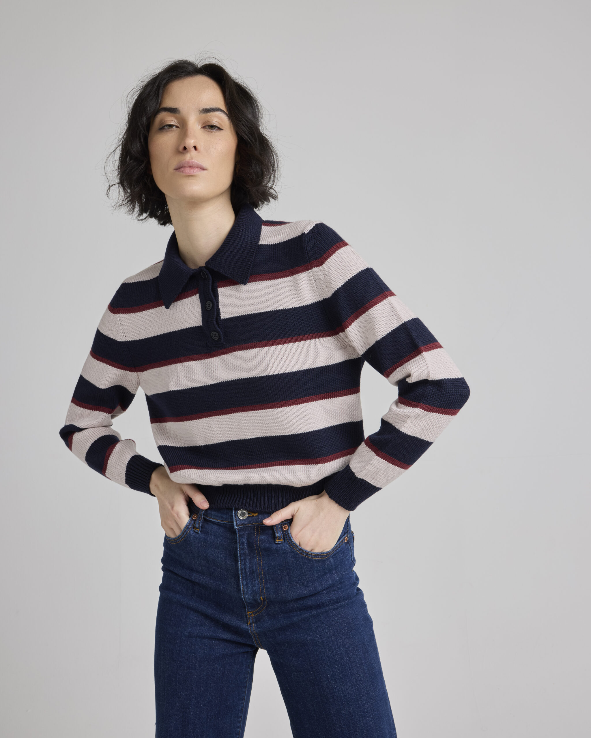 Bordeaux Pink Striped Polo Shirt - Long Sleeves