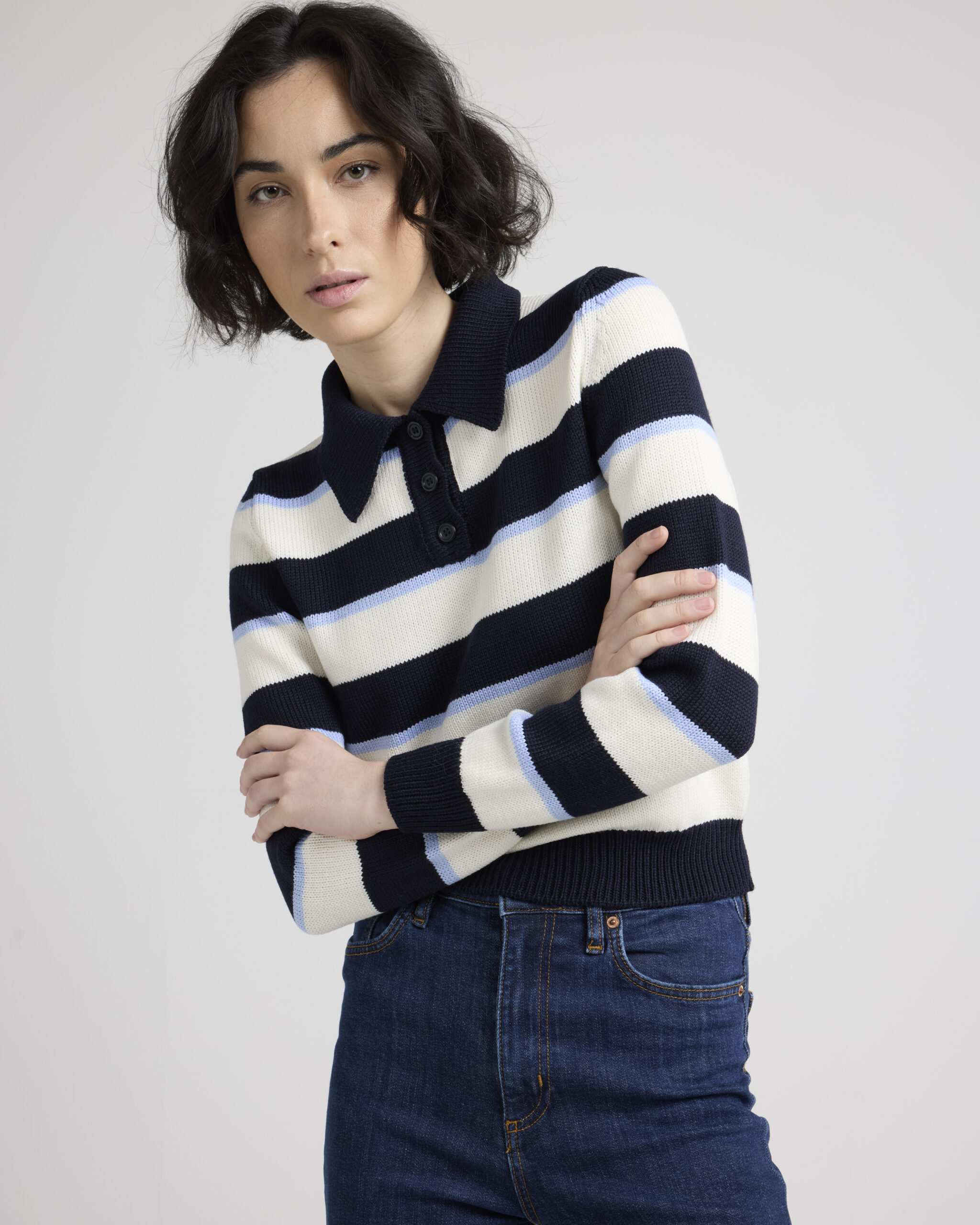 White Light Blue Striped Polo Shirt - Long Sleeves